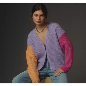 Sundry 'Colorblock' Purple Pink and Orange Cardigan Sweater Size Small Oversized